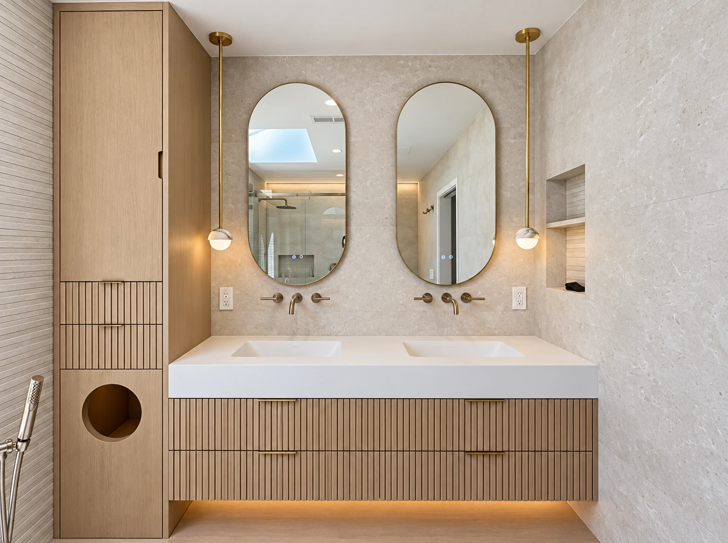 Click to view full screen Bathroom double vanity with paired oval mirrors