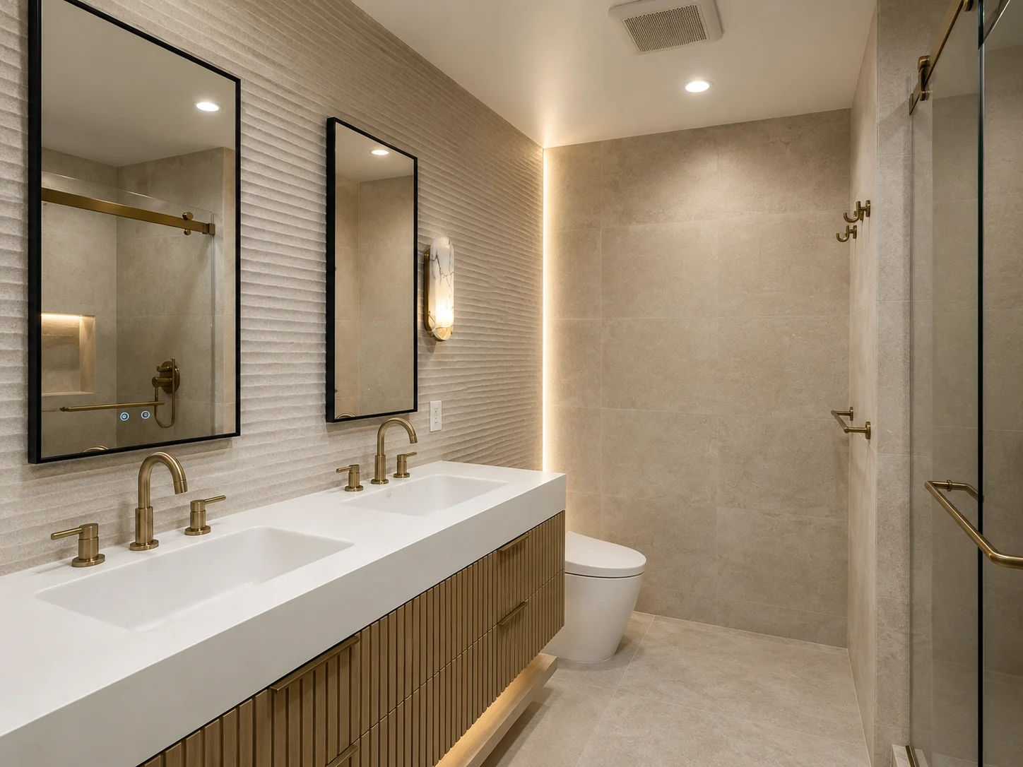 Click to view full screen Secondary bathroom with double vanity and walk-in shower