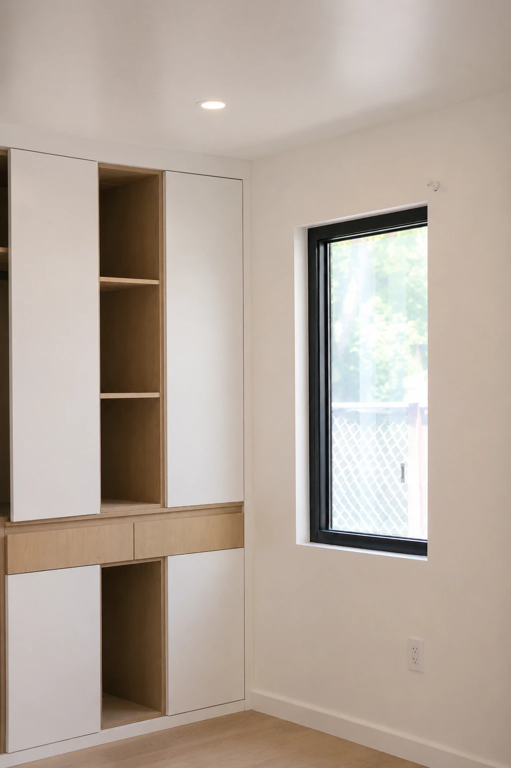 Click to view full screen Built-in shelving and bench beside a bedroom window