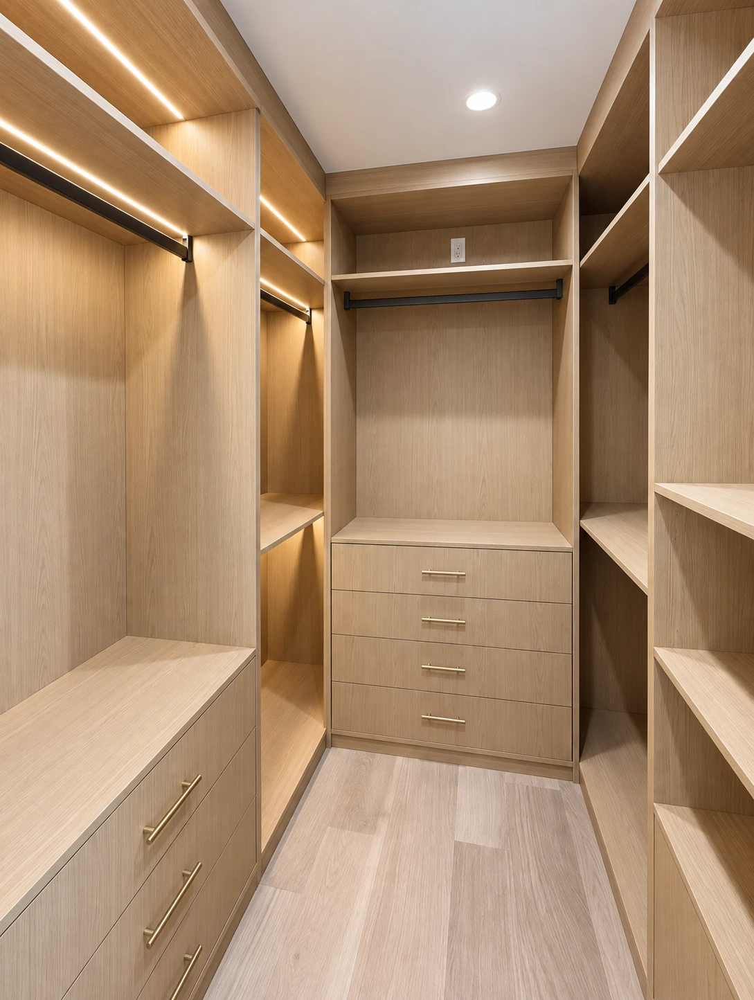 Click to view full screen Walk-in closet with oak shelving and drawer bank