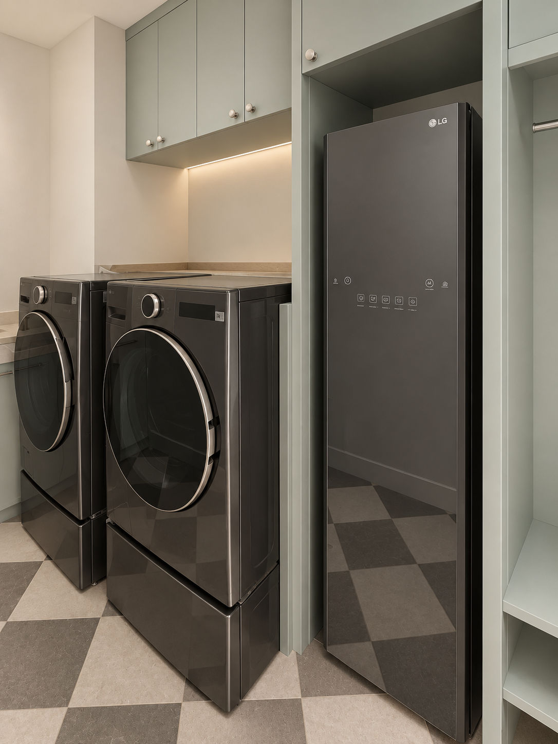 Click to view full screen Laundry room with sage cabinetry and a steam closet