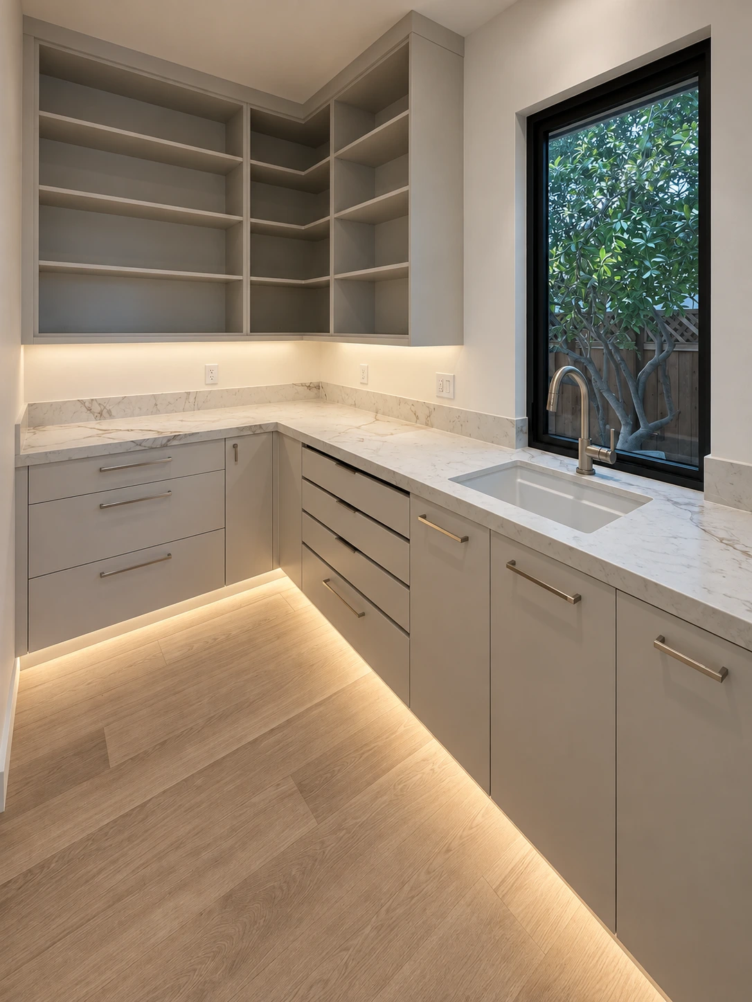 Click to view full screen Walk-in pantry with open shelving and a prep sink