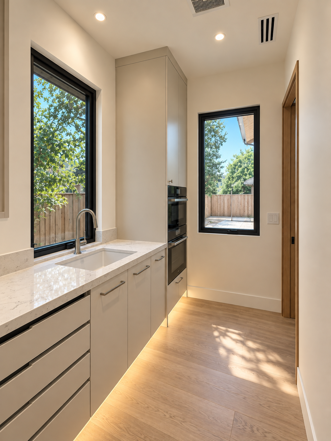 Click to view full screen Galley prep kitchen lit by tall picture windows