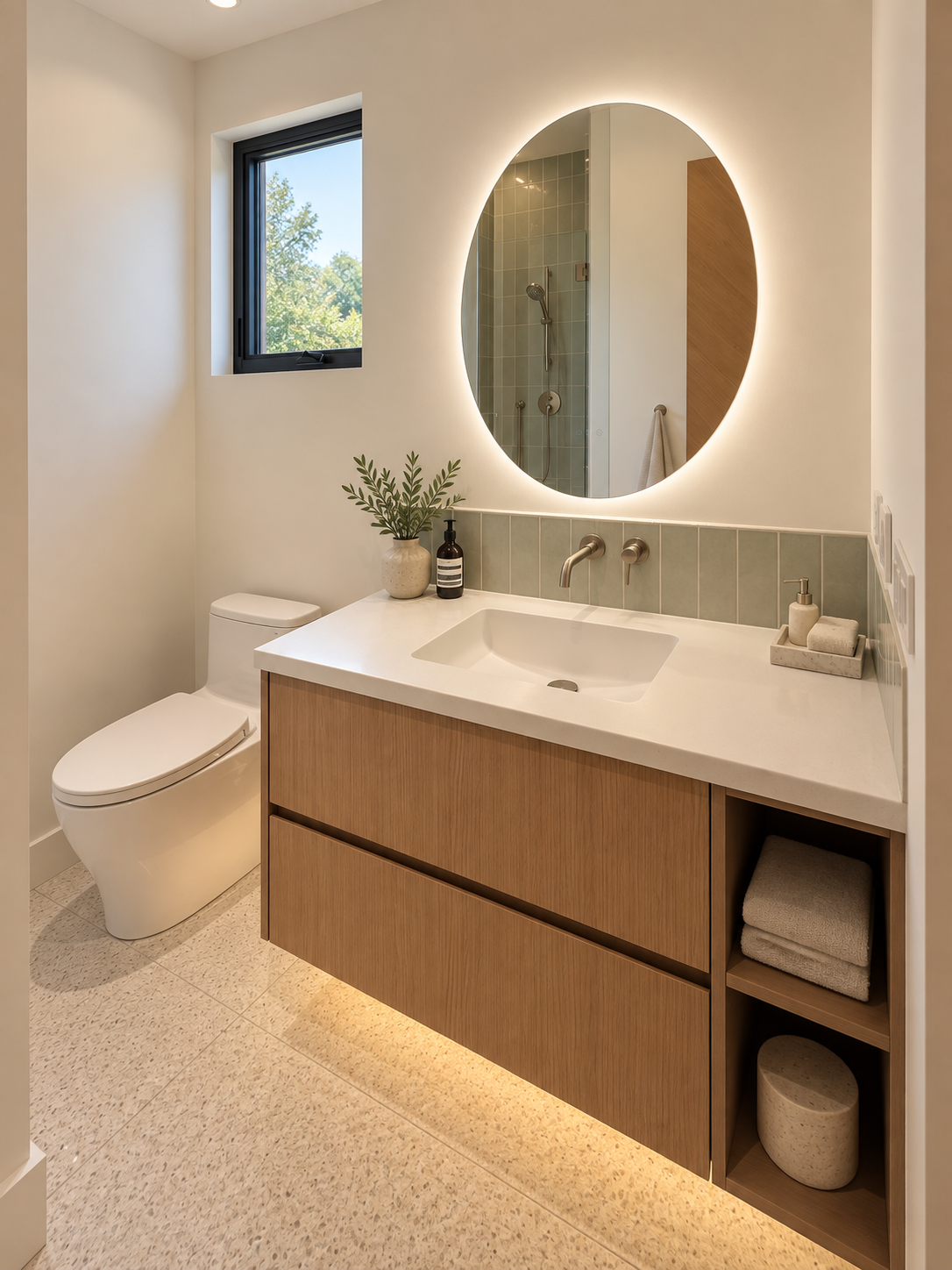 Click to view full screen Powder room with floating oak vanity and round backlit mirror