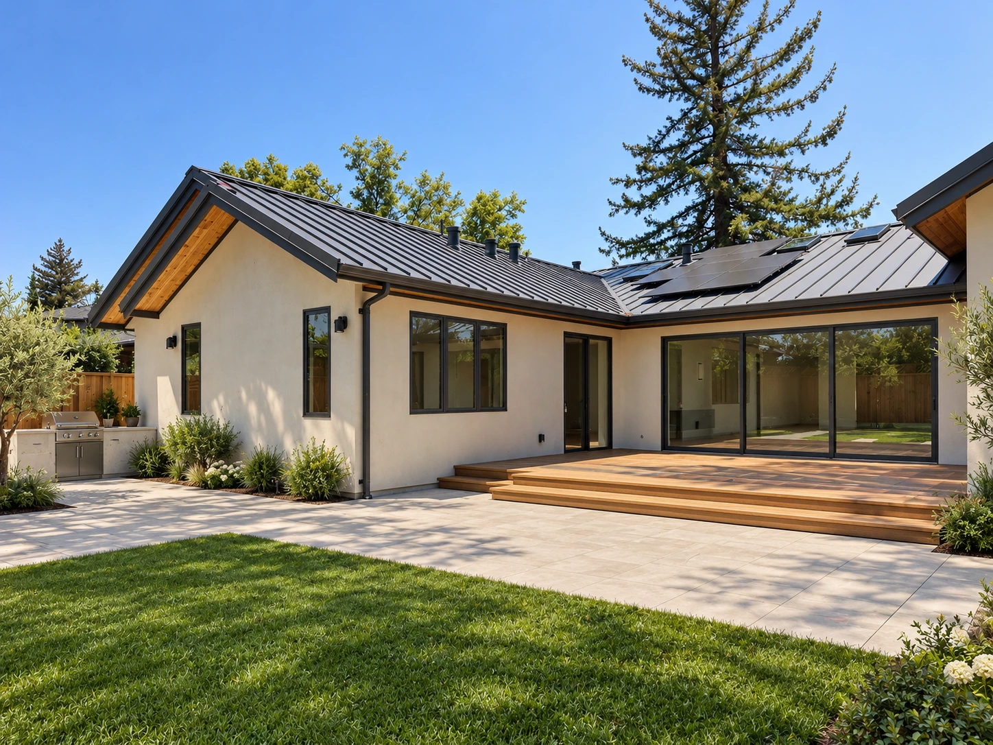 Click to view full screen Rear yard with ipe deck, outdoor kitchen and lawn