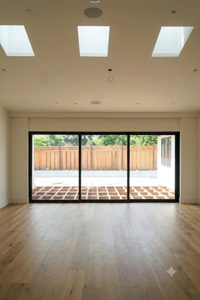 Click to view full screen Living area with multi-panel sliding doors and skylights