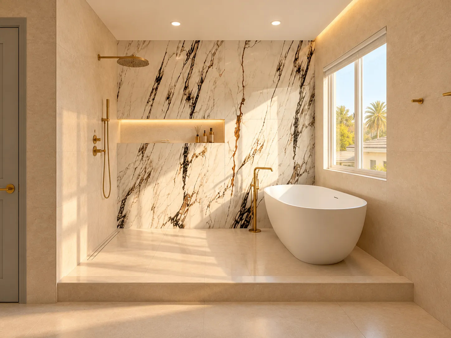 Primary bathroom with stone feature wall