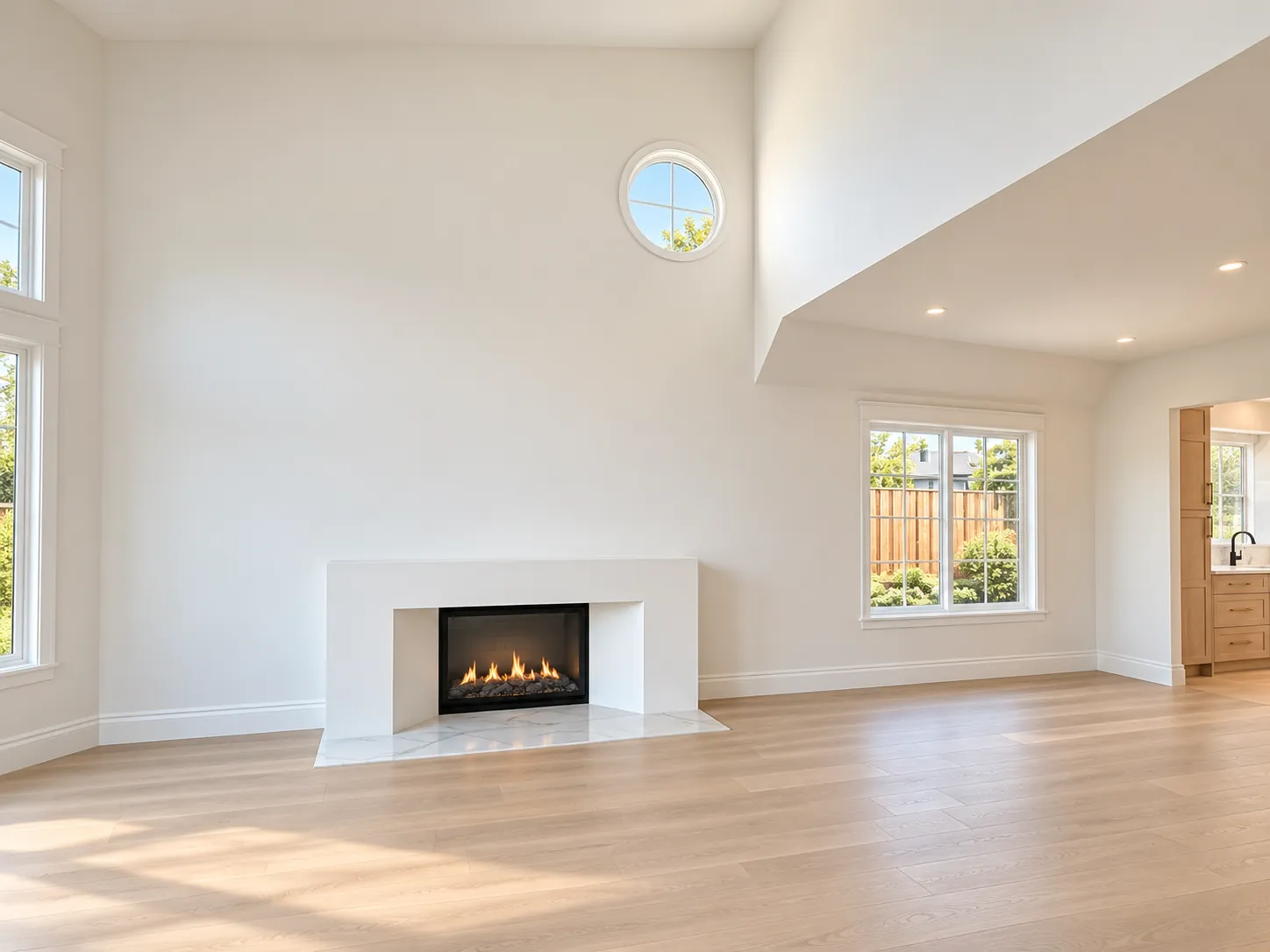 Family room with fireplace and double-height ceiling