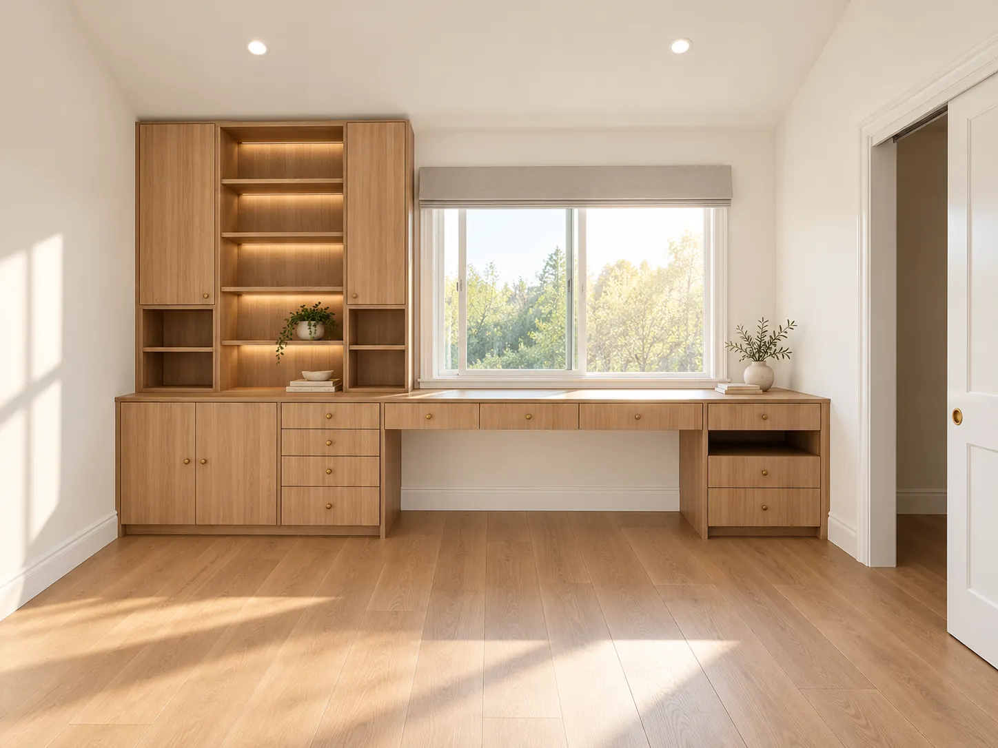 Home office with built-in desk and shelving