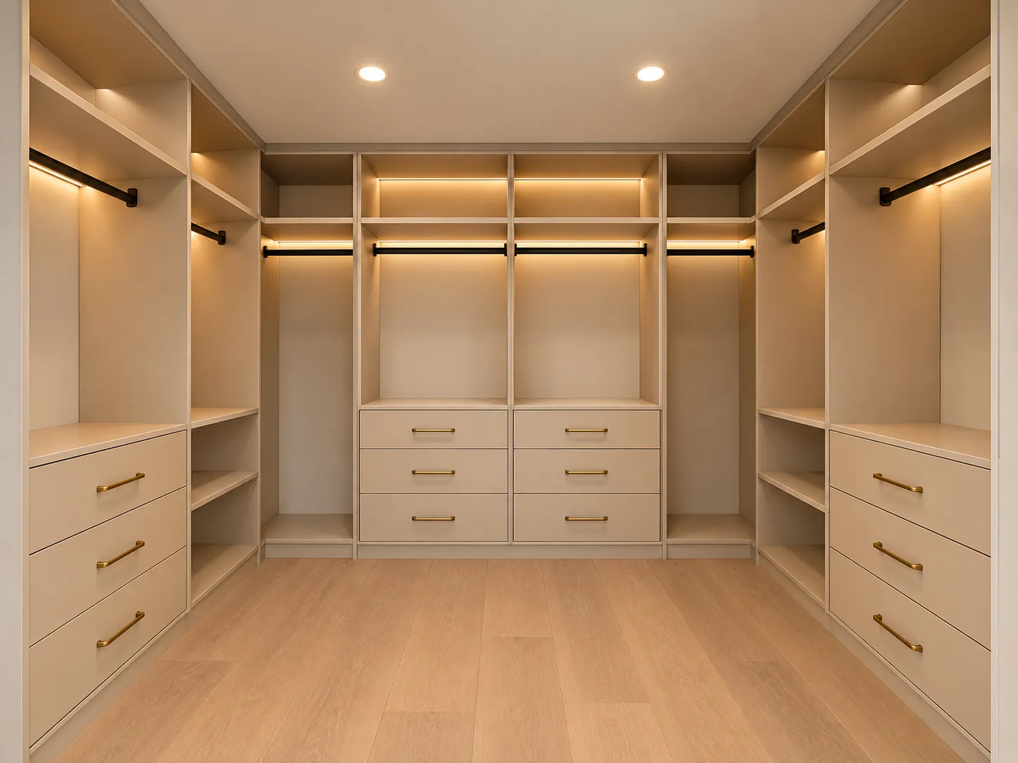 Walk-in closet with lit shelving and drawers