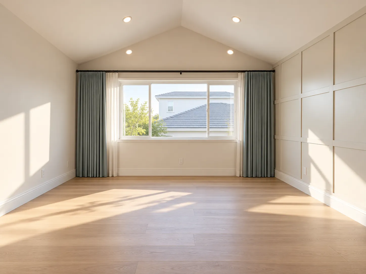 Bedroom with window and paneled accent wall