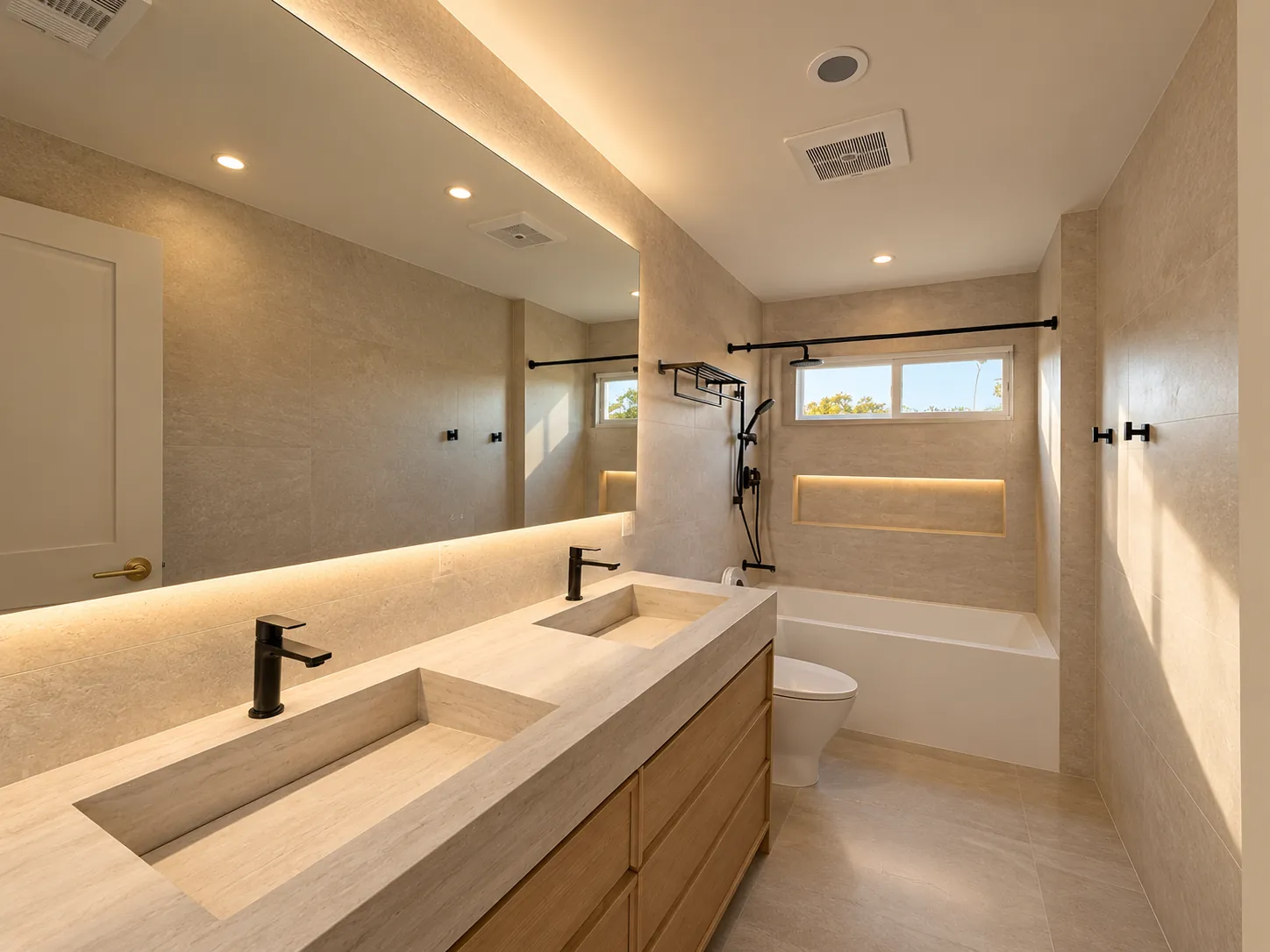 Bathroom with integrated trough sink and cove lighting