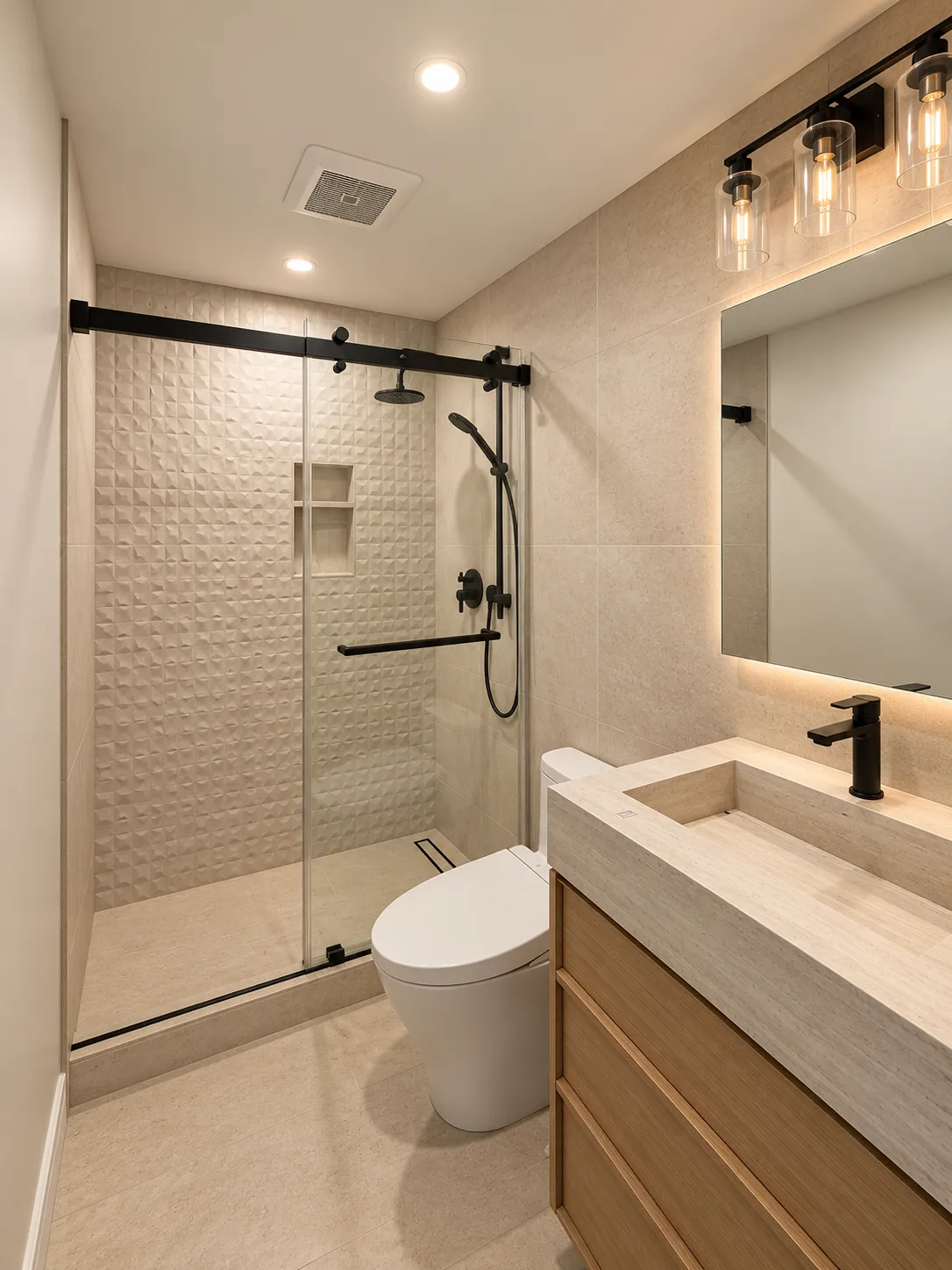 Walk-in shower with glass enclosure