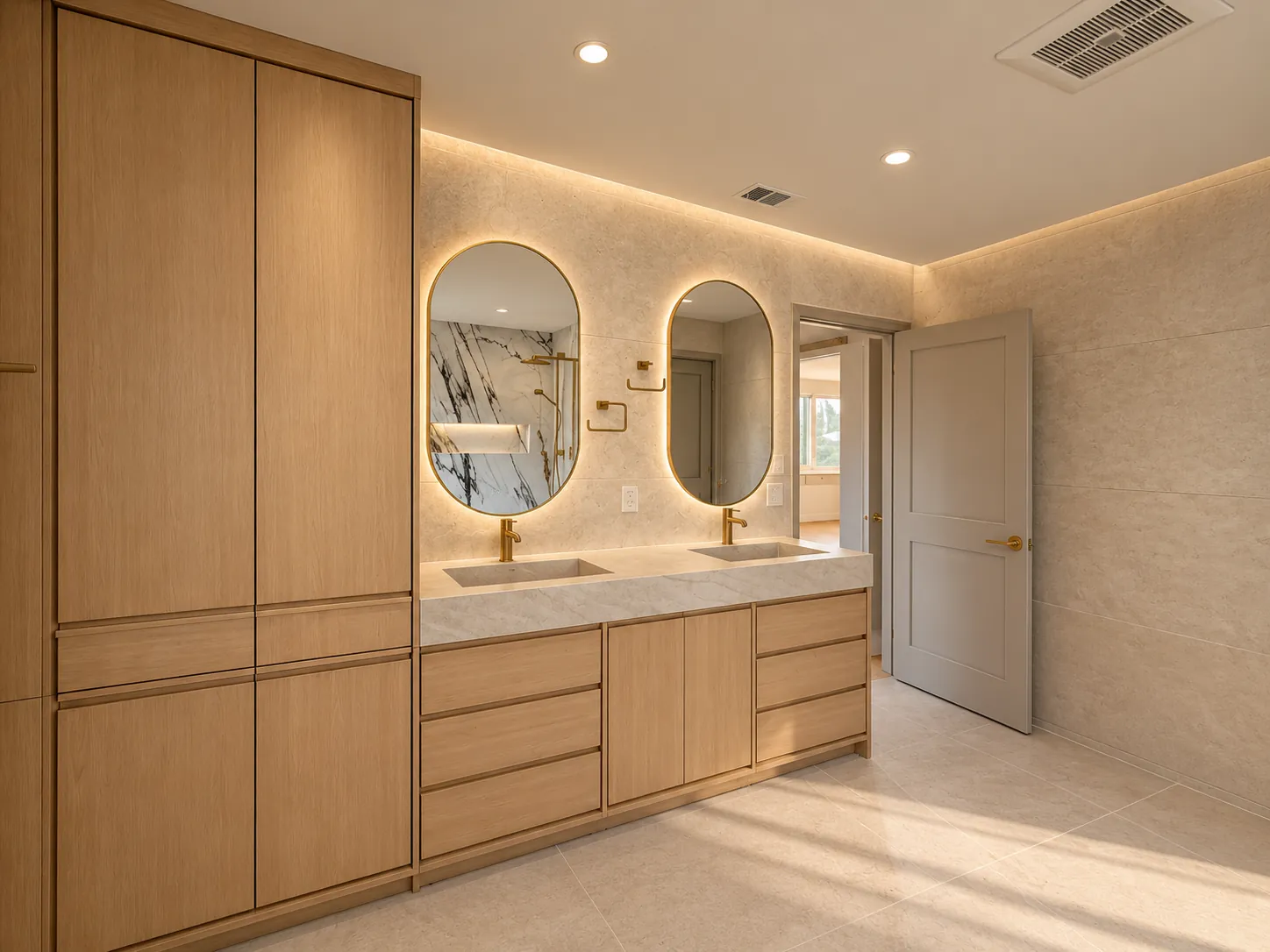 Primary bathroom double vanity with oval mirrors