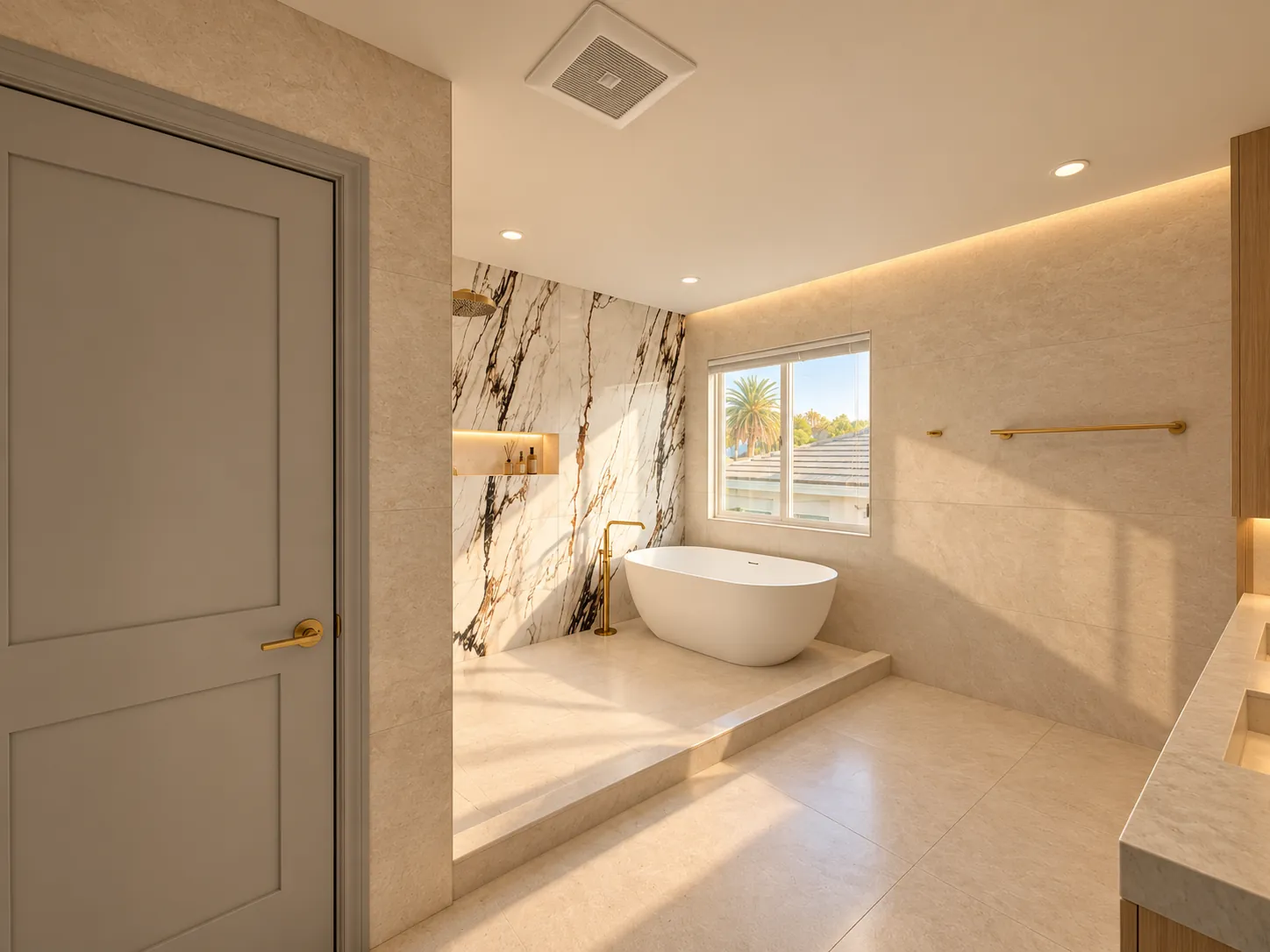 Primary bathroom wet room with freestanding tub